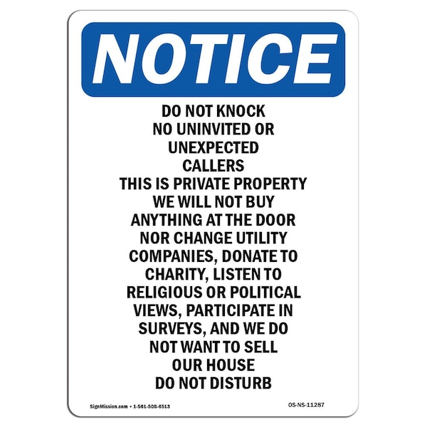 Signmission OSHA Notice, 7" Height, Do Not Knock No Uninvited Or Unexpected Sign, 7" X 5", Portrait OS-NS-D-57-V-11287 - main